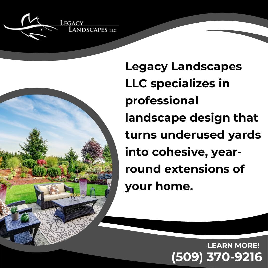 Professionally designed backyard landscape with patio seating, lush lawn, and decorative trees by Legacy Landscapes LLC.