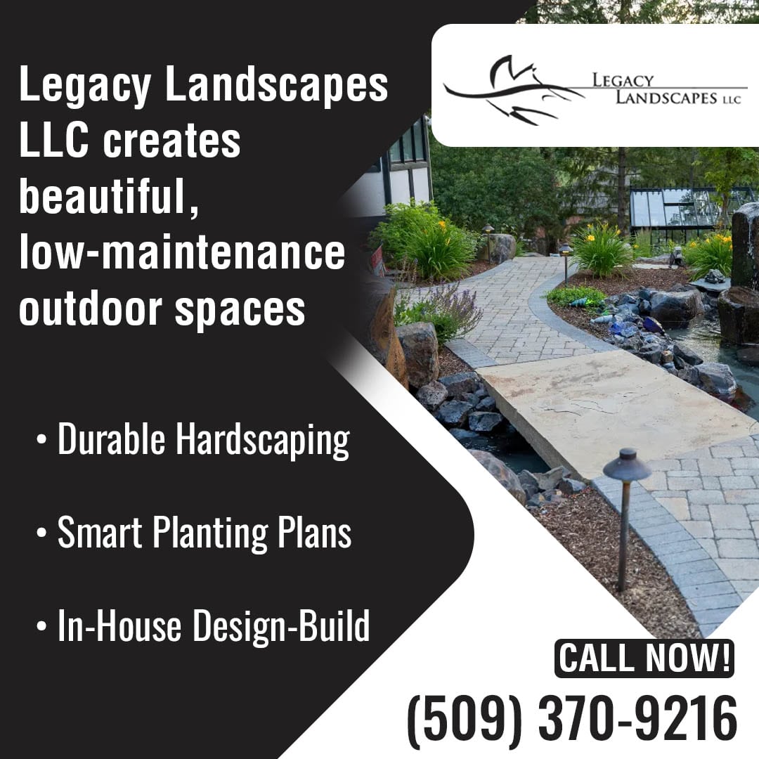 An advertisement for Legacy Landscapes LLC, showcasing a beautifully landscaped backyard with a stone pathway and waterfall, with text highlighting their creation of low-maintenance outdoor spaces.